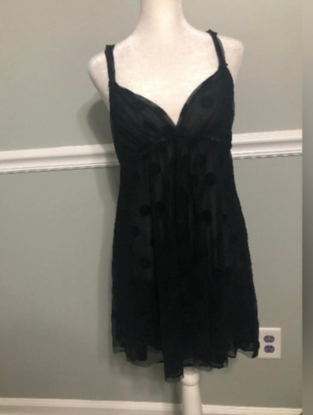 Oscar de La Renta Sheer Black Polka Dot Slip Dress Mini Sz L